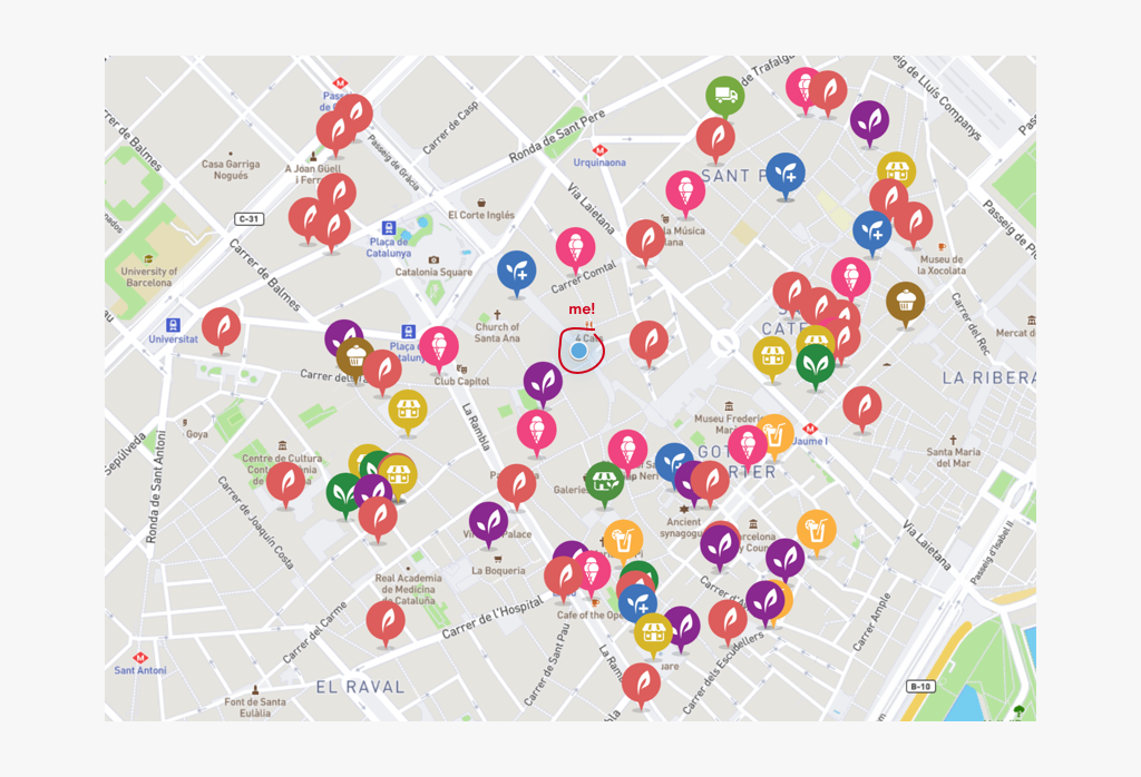 HappyCow's map view of Barcelona's vegan and vegetarian restaurants. 