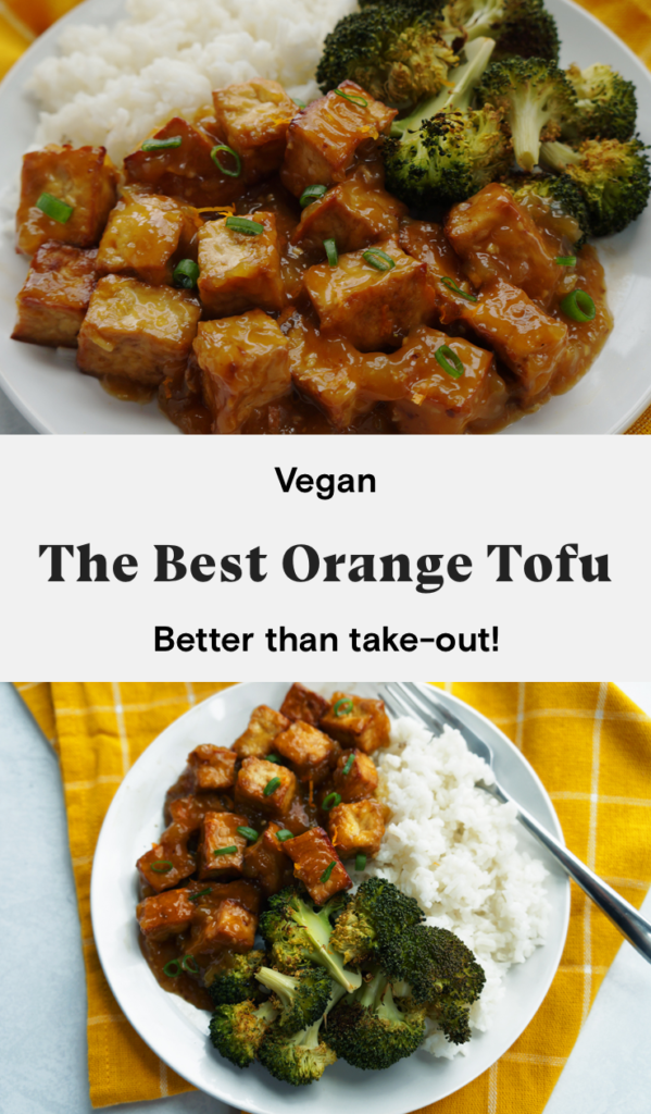 Vegan orange tofu on a plate with broccoli and rice
