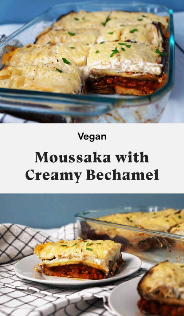 Vegan moussaka with potatoes, eggplant, lentils, and creamy bechamel sauce.