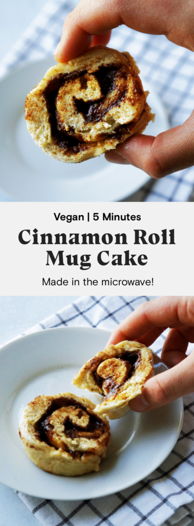 Vegan cinnamon bun mug cakes that are ready in 5 minutes and cooked in the microwave.