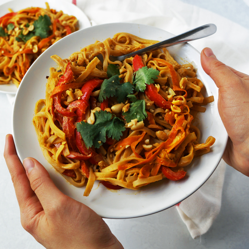 A plate of easy vegan peanut noodles with rice noodles, a soy peanut sauce, ribboned carrots, julienned red bell peppers, chopped peanuts, and cilantro.
