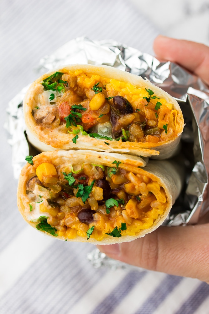 A great vegan pantry recipe – A vegan burrito cut in half and wrapped in foil. 