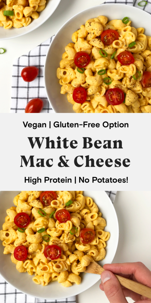 Vegan white bean mac & cheese that is high protein, healthy, and gluten-free. No potatoes, no nuts, just cannelini beans. 
