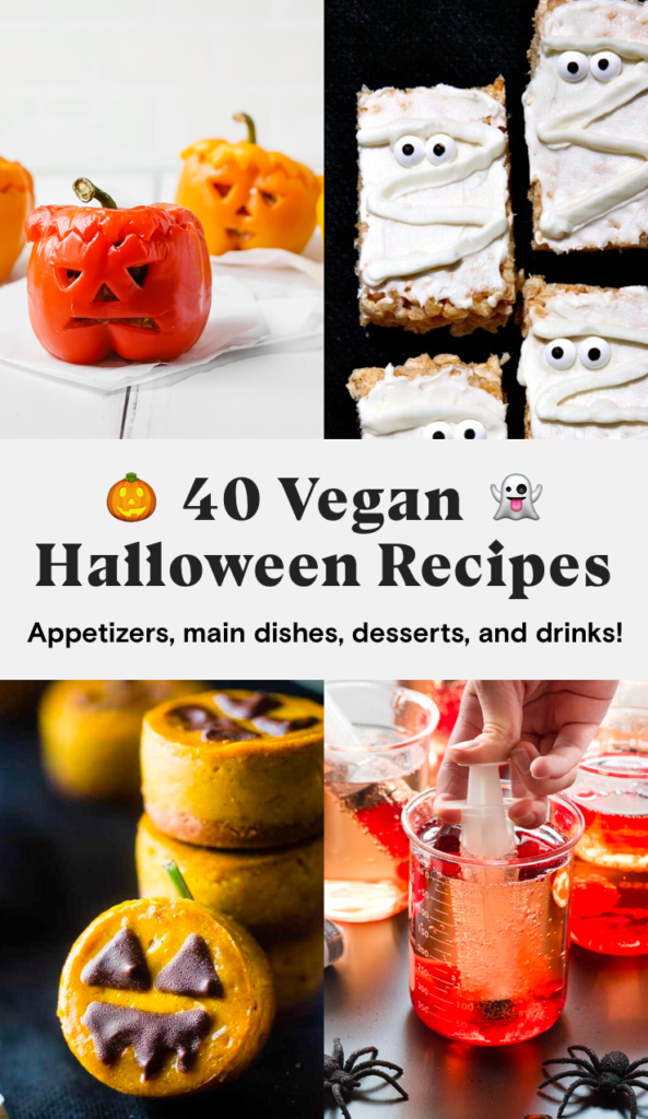 40 vegan halloween recipes for spooky season: appetizers, main dishes, snacks, desserts, and drink ideas.