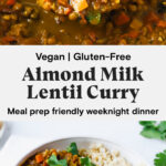 Vegan, gluten-free almond milk lentil curry that is perfect for meal prep and weeknight dinners.