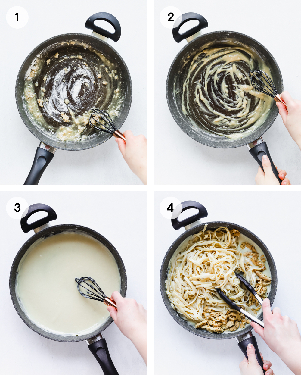 Making a vegan almond milk fettuccine alfredo in a gray sauce pan