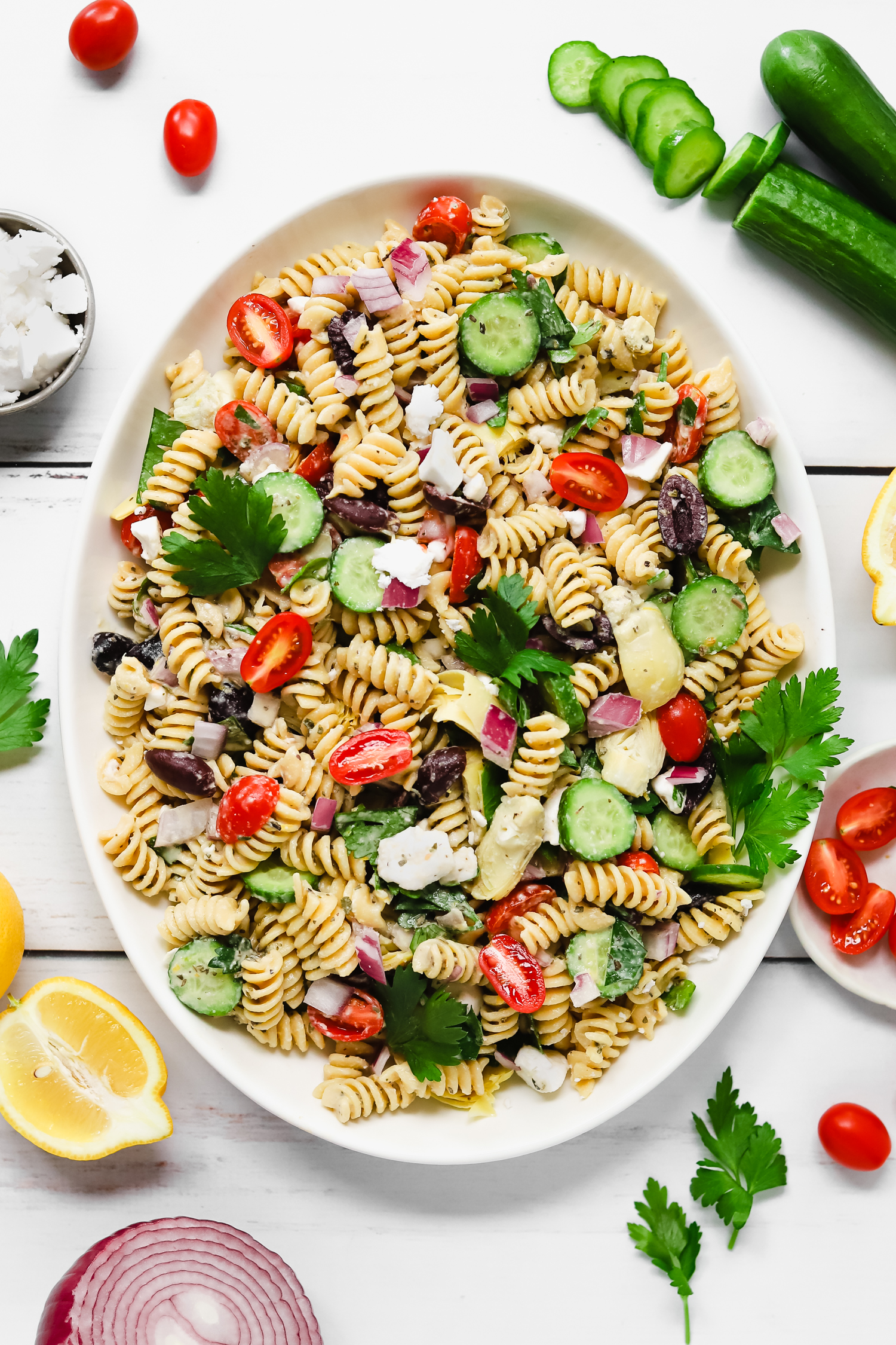 Vegan greek pasta salad with a healthy, oil-free tahini lemon dressing
